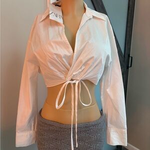 Zara White Tie-Front Crop Blouse Shirt NWT M Medium Top #61